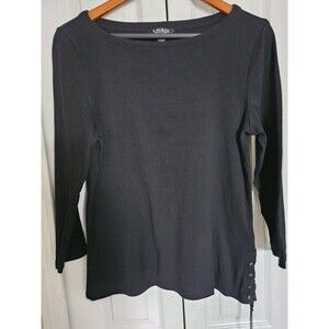 Lauren Ralph Lauren Black Lace-Up Side Long Sleeve Top Size Large Stretch Knit.